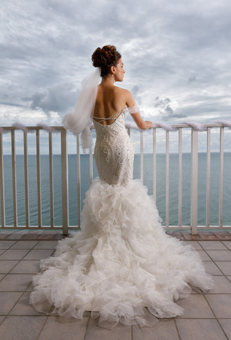 Rosia - Selena Huan crystal and pearl beaded Chantilly lace illusive back  mermaid gown